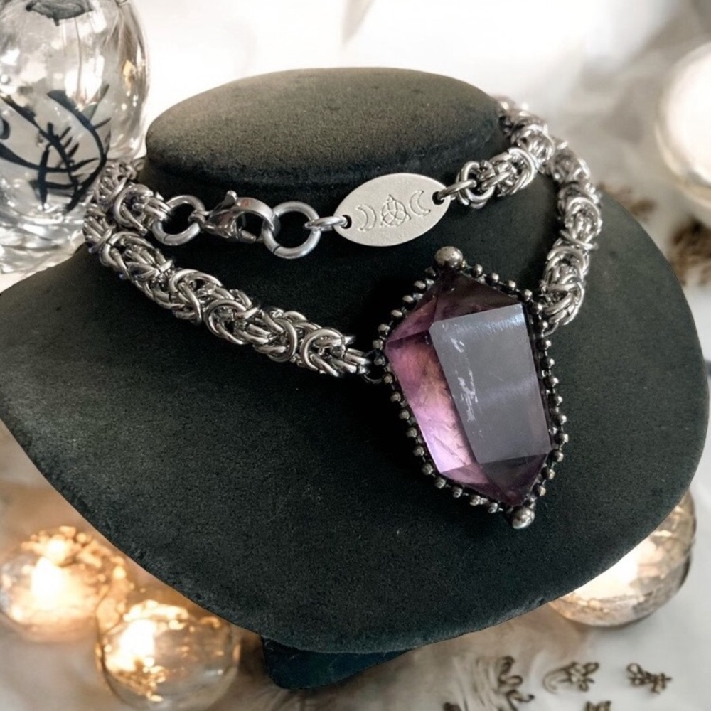 Handmade maille gemstone amethyst crystal chain necklace